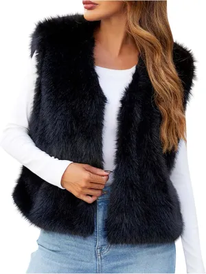 Womens Elegant Faux Furry Coat Ladies Warm Fur Jacket Winter Solid V-Neck Sleeveless Cardigan Outerwear