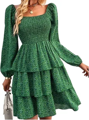 Women's Elegant Floral Print Tiered Ruffle Mini Dress Casual Square Neck Long Sleeve Smocked Dresses Summer Beach Wear