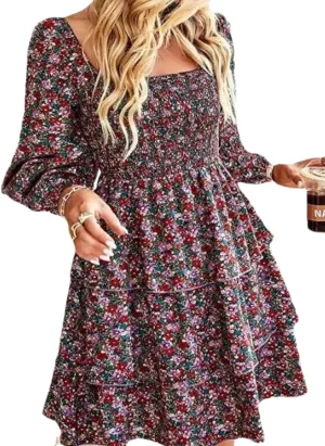 Women's Elegant Floral Print Tiered Ruffle Mini Dress Casual Square Neck Long Sleeve Smocked Dresses Summer Beach Wear