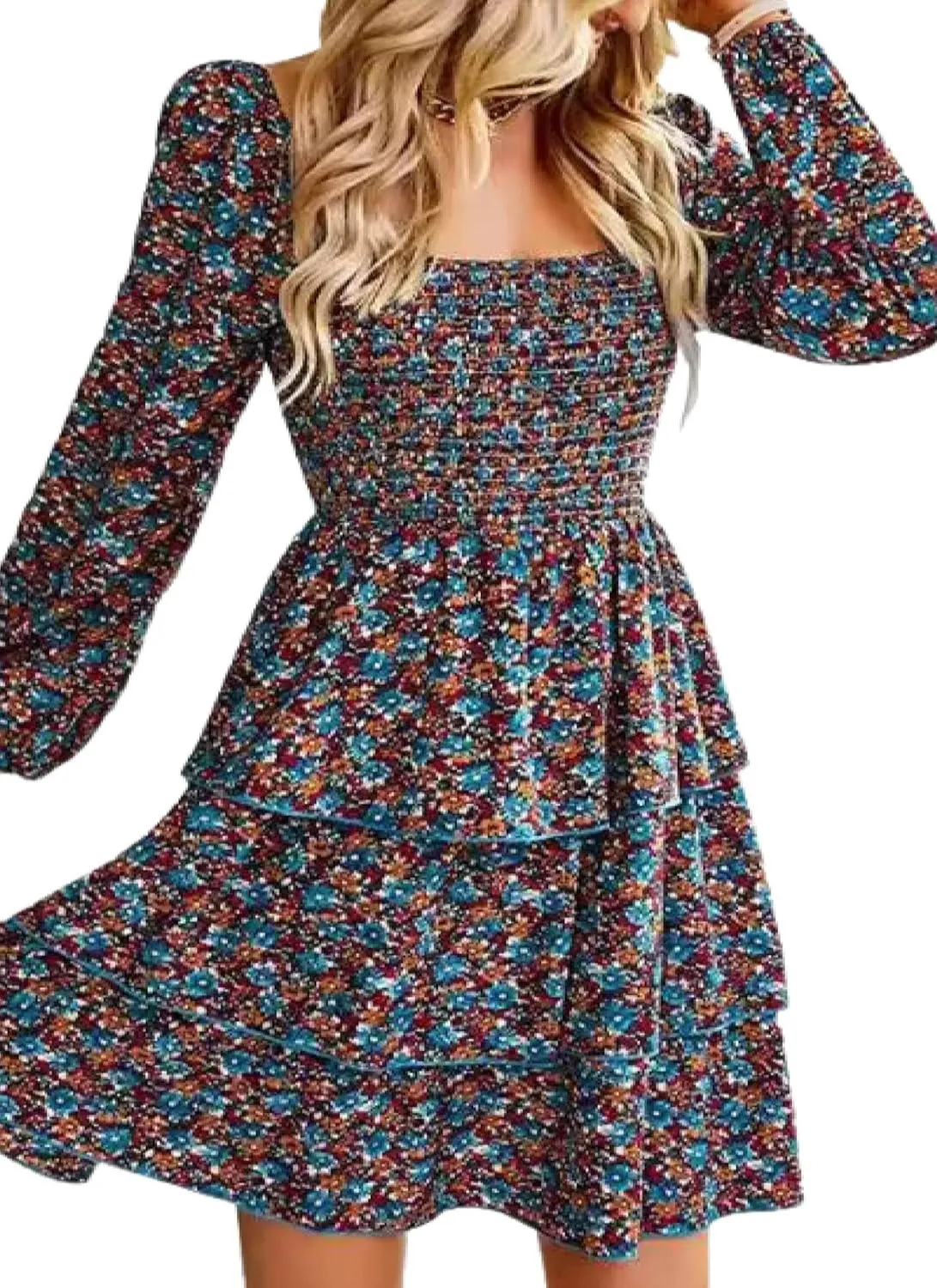 Women's Elegant Floral Print Tiered Ruffle Mini Dress Casual Square Neck Long Sleeve Smocked Dresses Summer Beach Wear