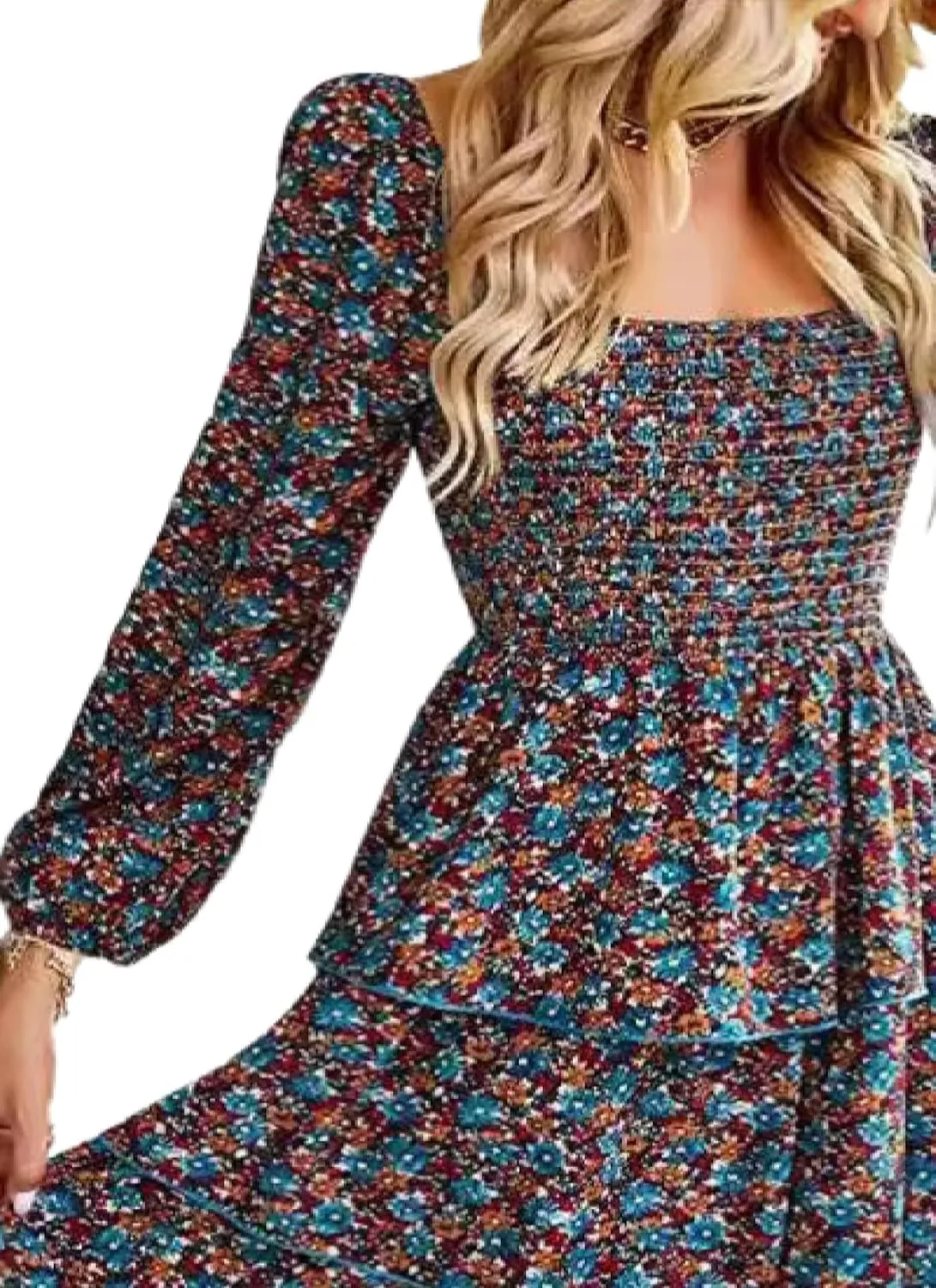 Women's Elegant Floral Print Tiered Ruffle Mini Dress Casual Square Neck Long Sleeve Smocked Dresses Summer Beach Wear