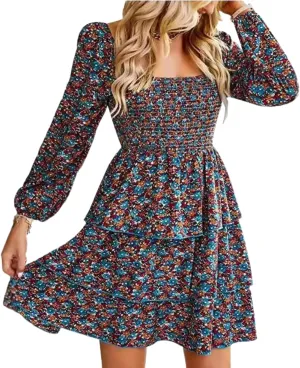 Women's Elegant Floral Print Tiered Ruffle Mini Dress Casual Square Neck Long Sleeve Smocked Dresses Summer Beach Wear
