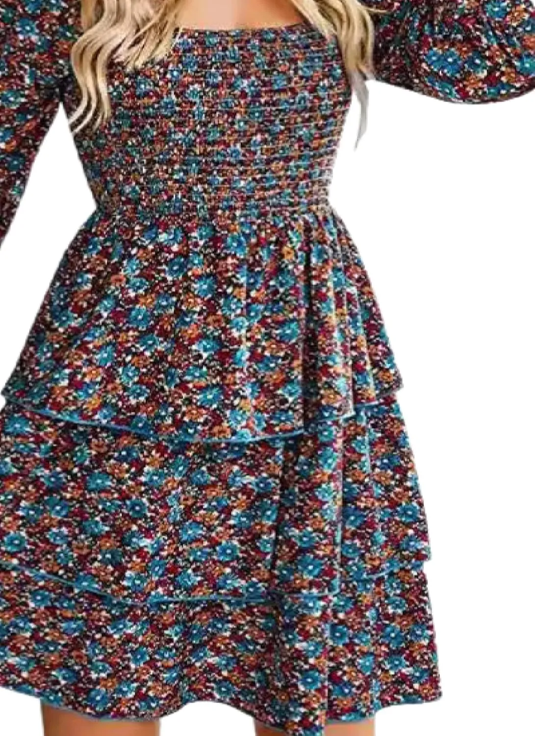 Women's Elegant Floral Print Tiered Ruffle Mini Dress Casual Square Neck Long Sleeve Smocked Dresses Summer Beach Wear
