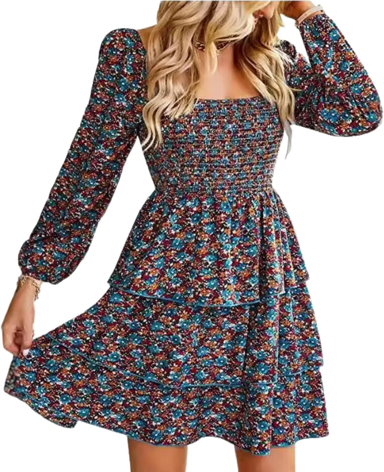 Women's Elegant Floral Print Tiered Ruffle Mini Dress Casual Square Neck Long Sleeve Smocked Dresses Summer Beach Wear