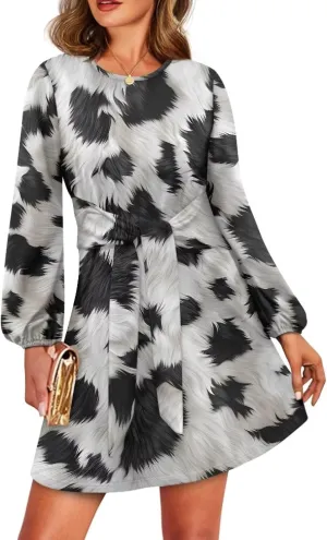 Women's Elegant Long Sleeve Dress Summer Mini Dresses Crewneck Tie Waist A Line Casual Stylish Outfits