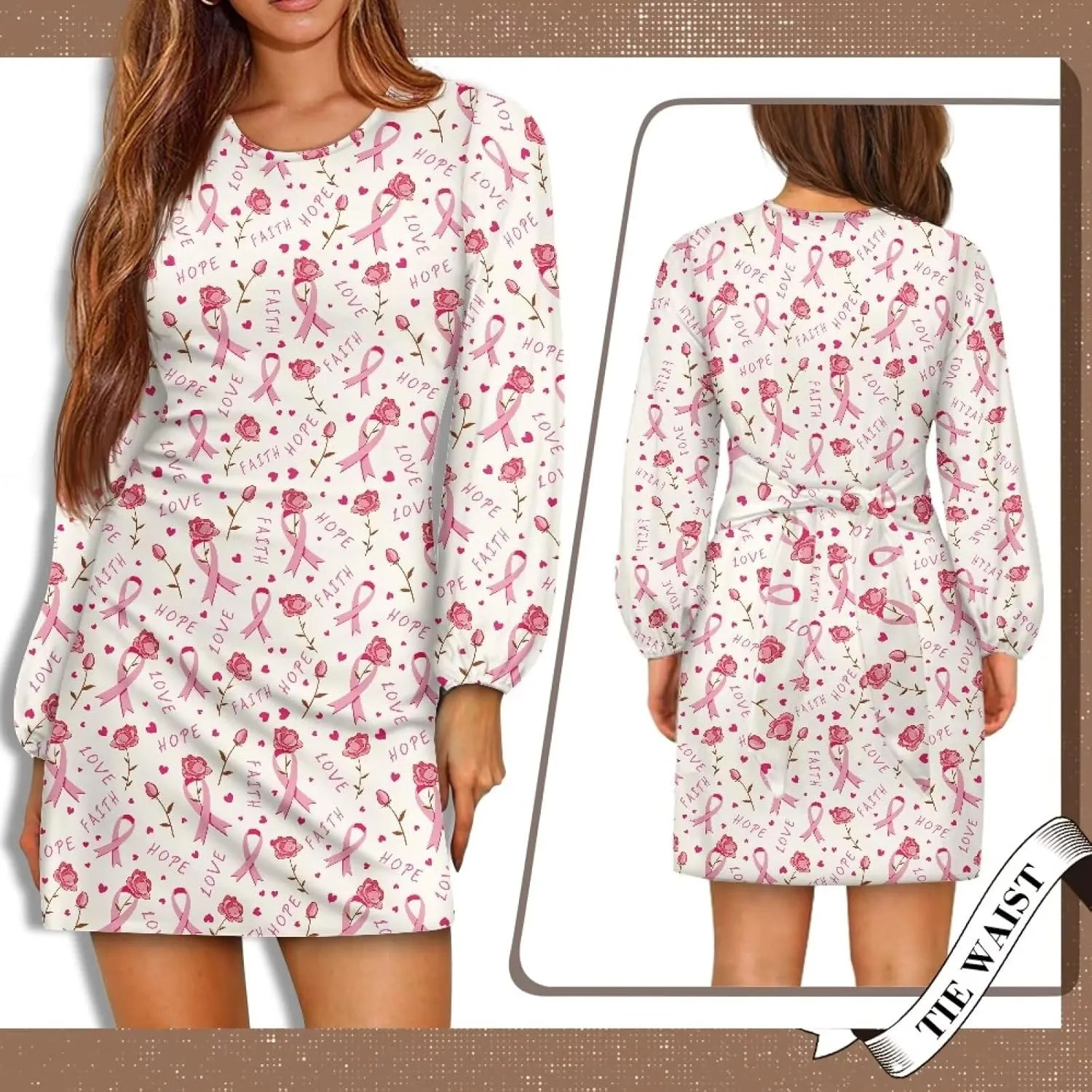 Women's Elegant Long Sleeve Dress Summer Mini Dresses Crewneck Tie Waist A Line Casual Stylish Outfits