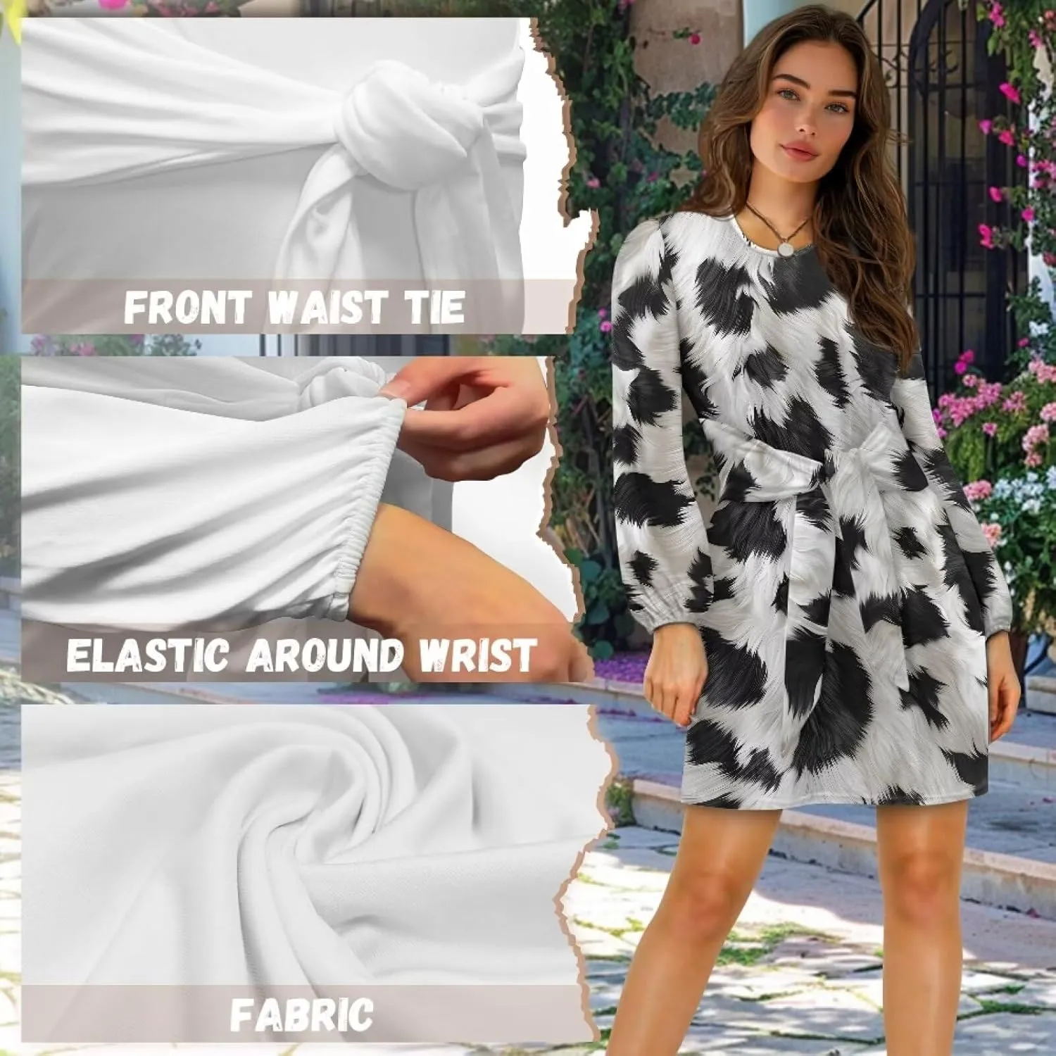 Women's Elegant Long Sleeve Dress Summer Mini Dresses Crewneck Tie Waist A Line Casual Stylish Outfits