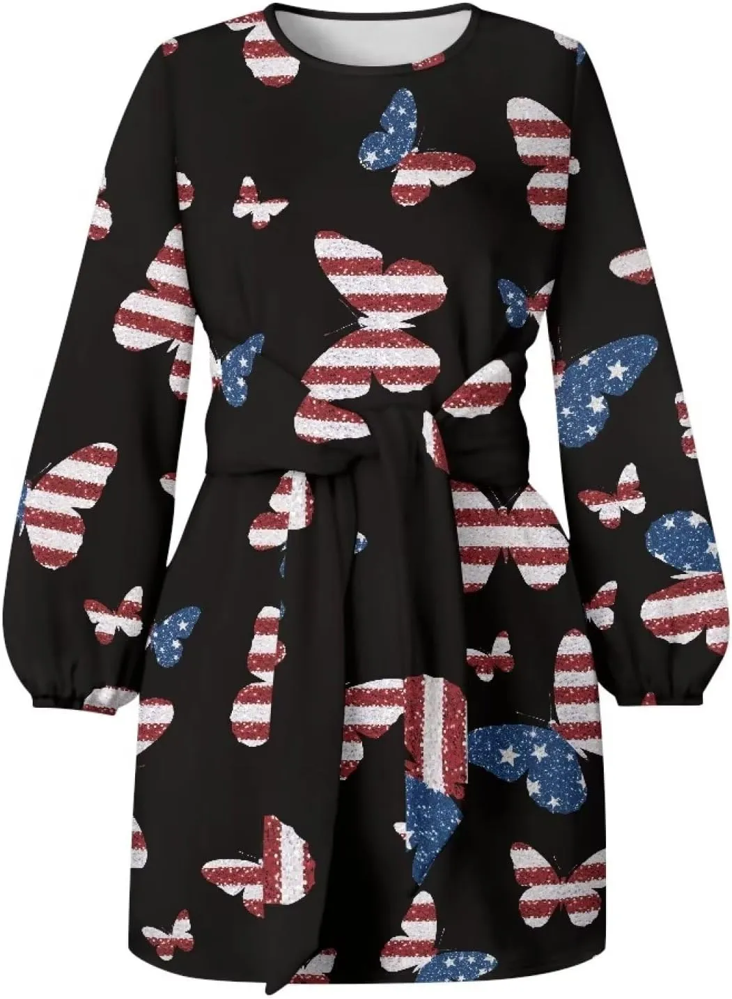 Women's Elegant Long Sleeve Dress Summer Mini Dresses Crewneck Tie Waist A Line Casual Stylish Outfits