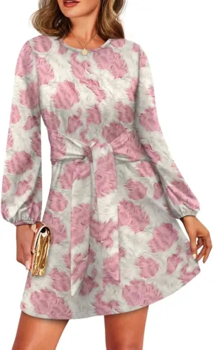 Women's Elegant Long Sleeve Dress Summer Mini Dresses Crewneck Tie Waist A Line Casual Stylish Outfits
