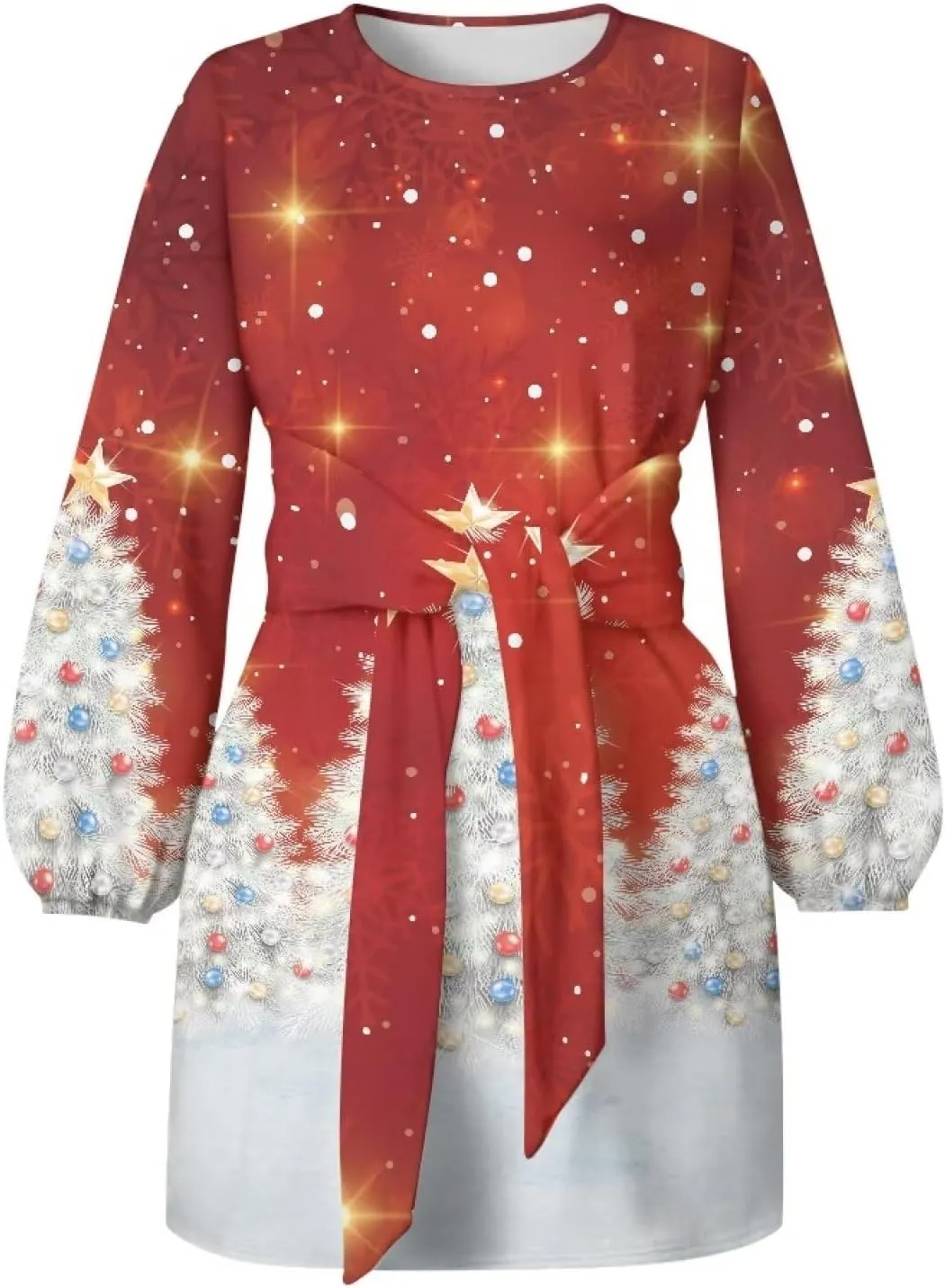 Women's Elegant Long Sleeve Dress Summer Mini Dresses Crewneck Tie Waist A Line Casual Stylish Outfits