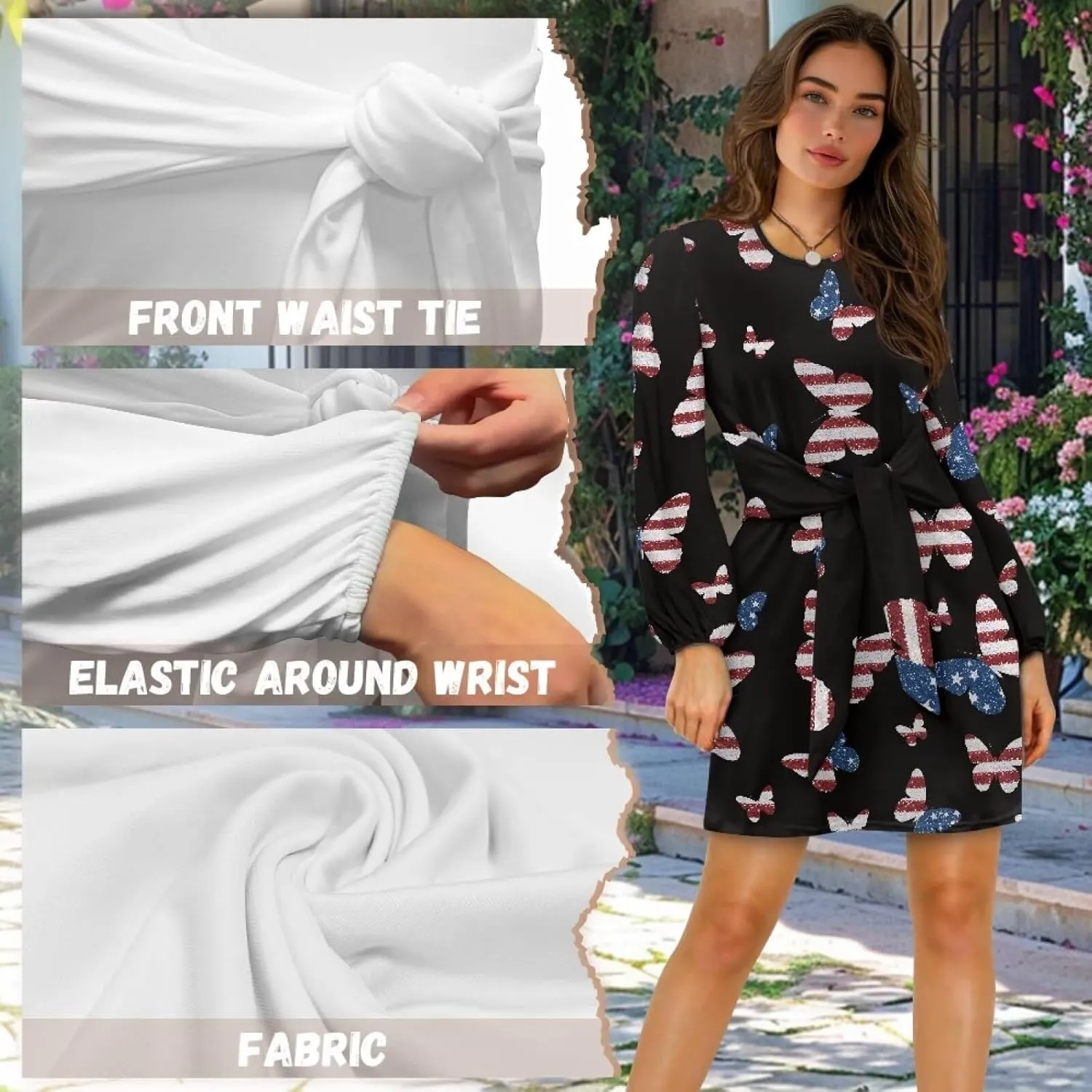 Women's Elegant Long Sleeve Dress Summer Mini Dresses Crewneck Tie Waist A Line Casual Stylish Outfits