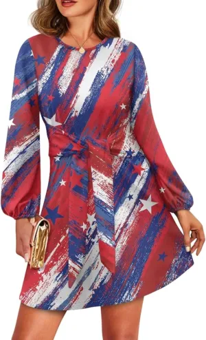 Women's Elegant Long Sleeve Dress Summer Mini Dresses Crewneck Tie Waist A Line Casual Stylish Outfits