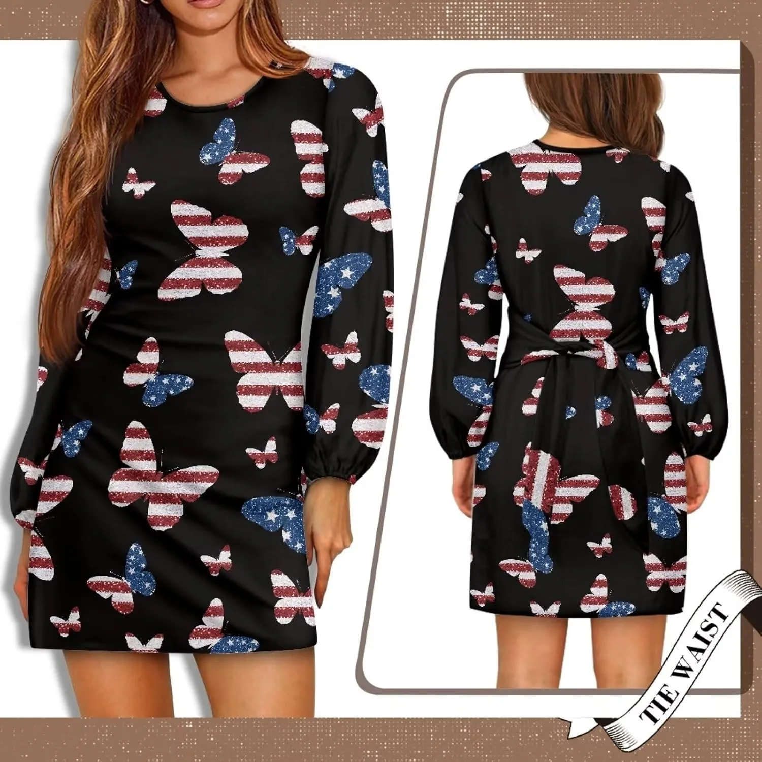 Women's Elegant Long Sleeve Dress Summer Mini Dresses Crewneck Tie Waist A Line Casual Stylish Outfits