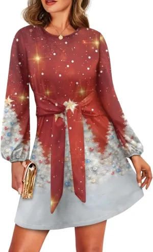 Women's Elegant Long Sleeve Dress Summer Mini Dresses Crewneck Tie Waist A Line Casual Stylish Outfits