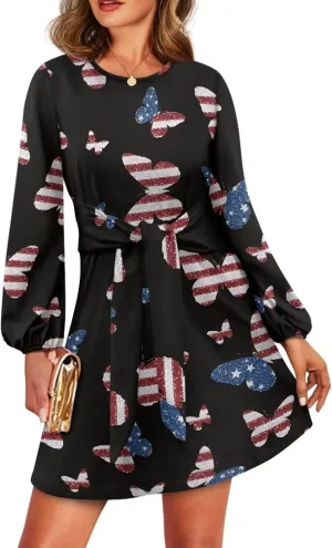 Women's Elegant Long Sleeve Dress Summer Mini Dresses Crewneck Tie Waist A Line Casual Stylish Outfits