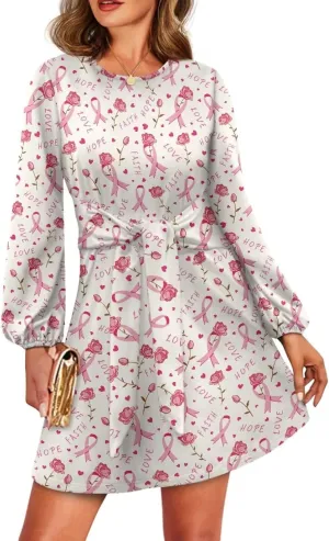 Women's Elegant Long Sleeve Dress Summer Mini Dresses Crewneck Tie Waist A Line Casual Stylish Outfits