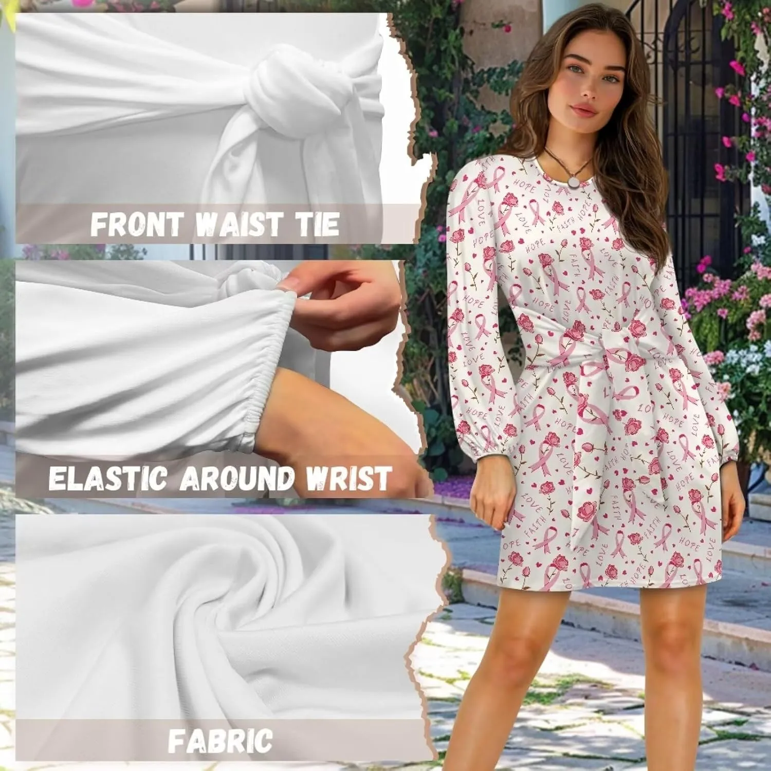 Women's Elegant Long Sleeve Dress Summer Mini Dresses Crewneck Tie Waist A Line Casual Stylish Outfits