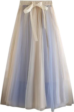 Women's Elegant Tulle Skirts Color Blocking Pleated Flowy Skirt Bow High Waist Ankle Length Midi Skirt