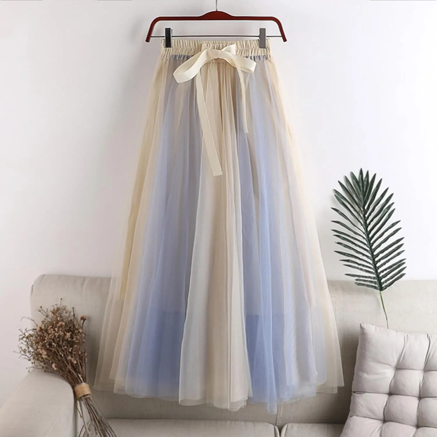 Women's Elegant Tulle Skirts Color Blocking Pleated Flowy Skirt Bow High Waist Ankle Length Midi Skirt
