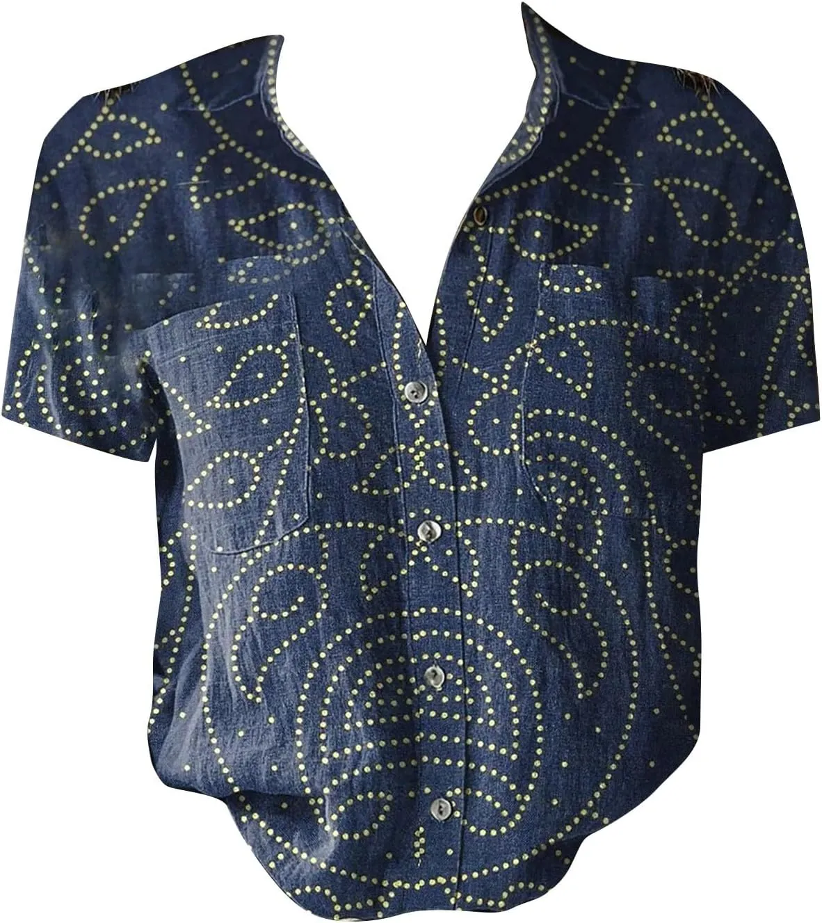Womens Ethnic Shirts Floral Print Short Sleeve V Neck Button Down Shirt Vintage Causal Boho Blouses Gauze Tunic Tops