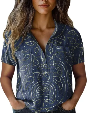 Womens Ethnic Shirts Floral Print Short Sleeve V Neck Button Down Shirt Vintage Causal Boho Blouses Gauze Tunic Tops