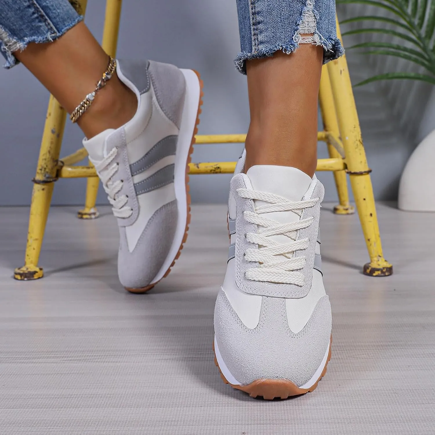 Women's Fashion Sneakers Leather Suede Patchwork Casual Walking Shoes Non-Slip Lace Up Sneakers Tennis Running Shoes
