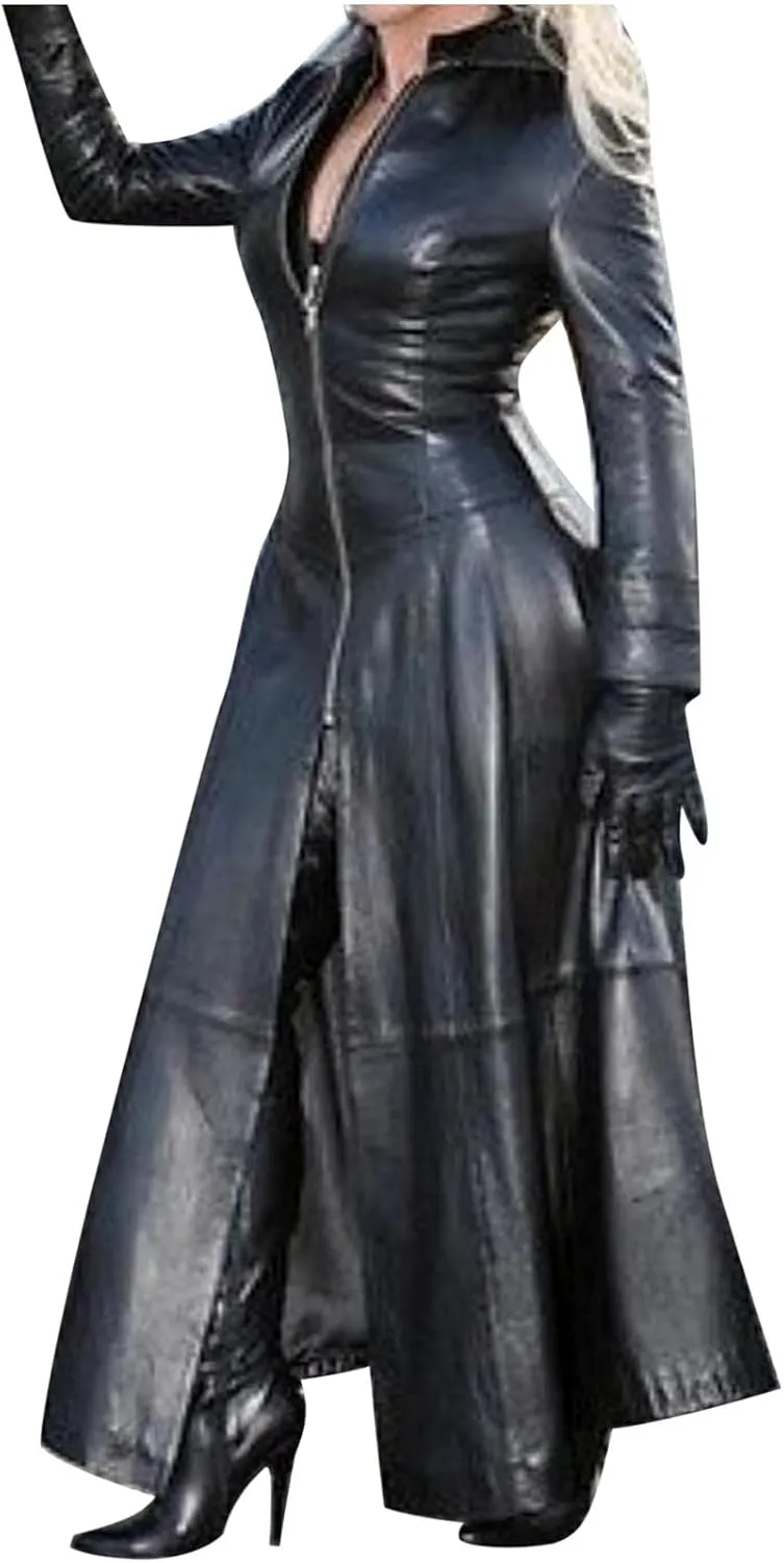 Women's Fashion Windbreaker Jacket Sexy Imitation Leather Coats Winter Zip Up Long Trench Coat Solid Overcoat