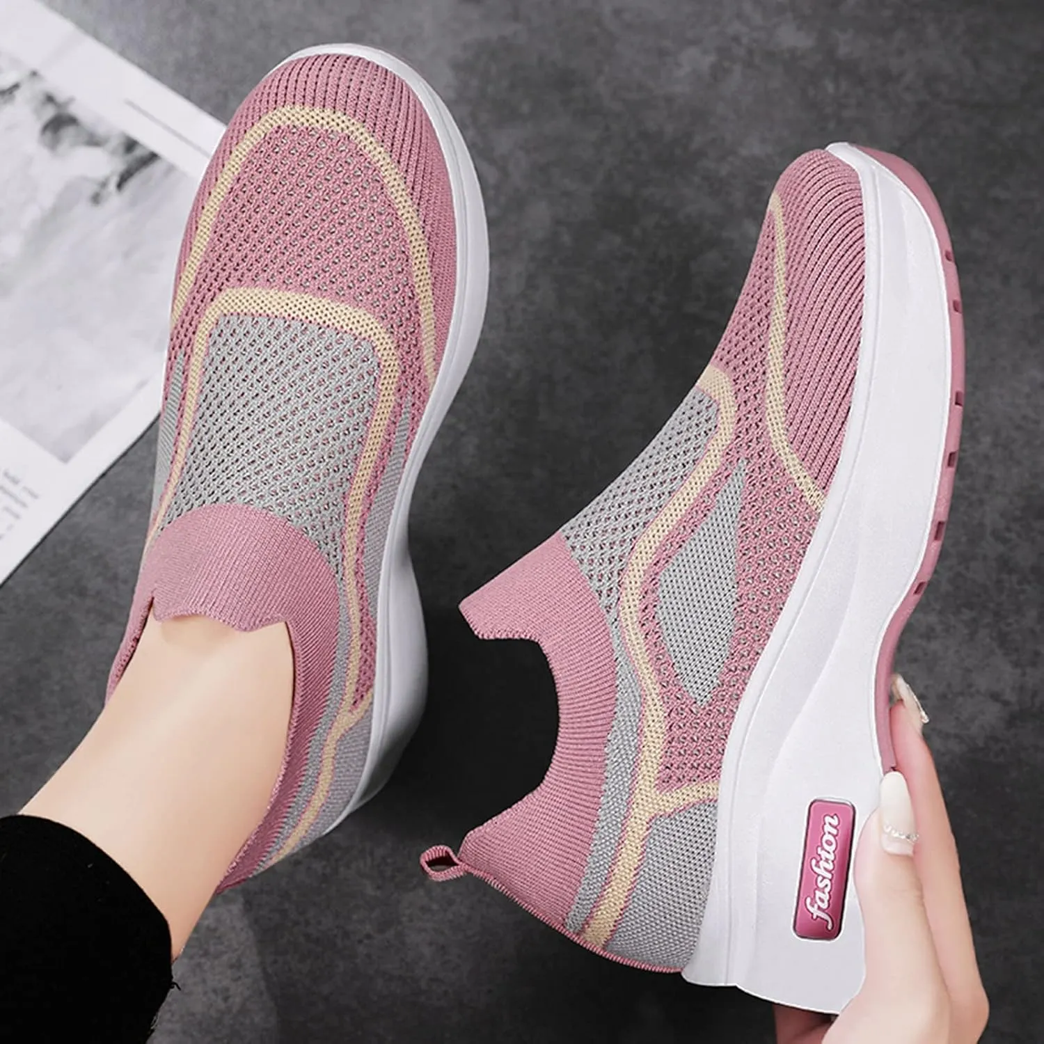 Womens Flat Slip On Shoes Casual Walking Sneakers Lightweight Canvas Comfortable Elastic Non Slip Loafers