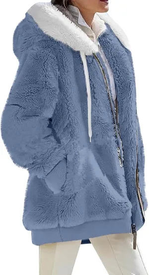 Womens Fleece Jackets Solid Zip Up Coats Long Sleeve Fuzzy Hooded Cardigans Jacket Outerwear With Pockets
