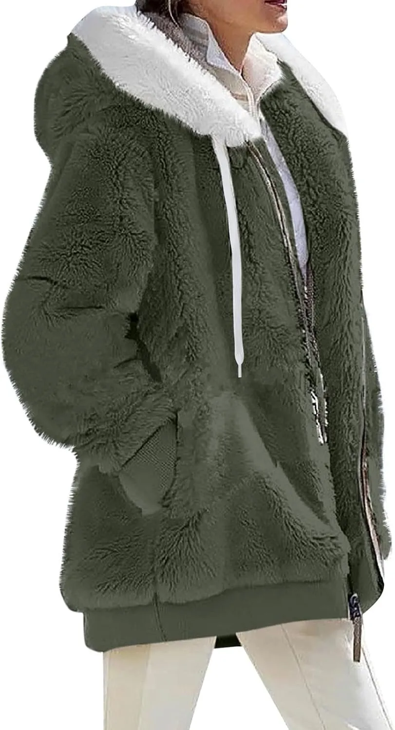 Womens Fleece Jackets Solid Zip Up Coats Long Sleeve Fuzzy Hooded Cardigans Jacket Outerwear With Pockets