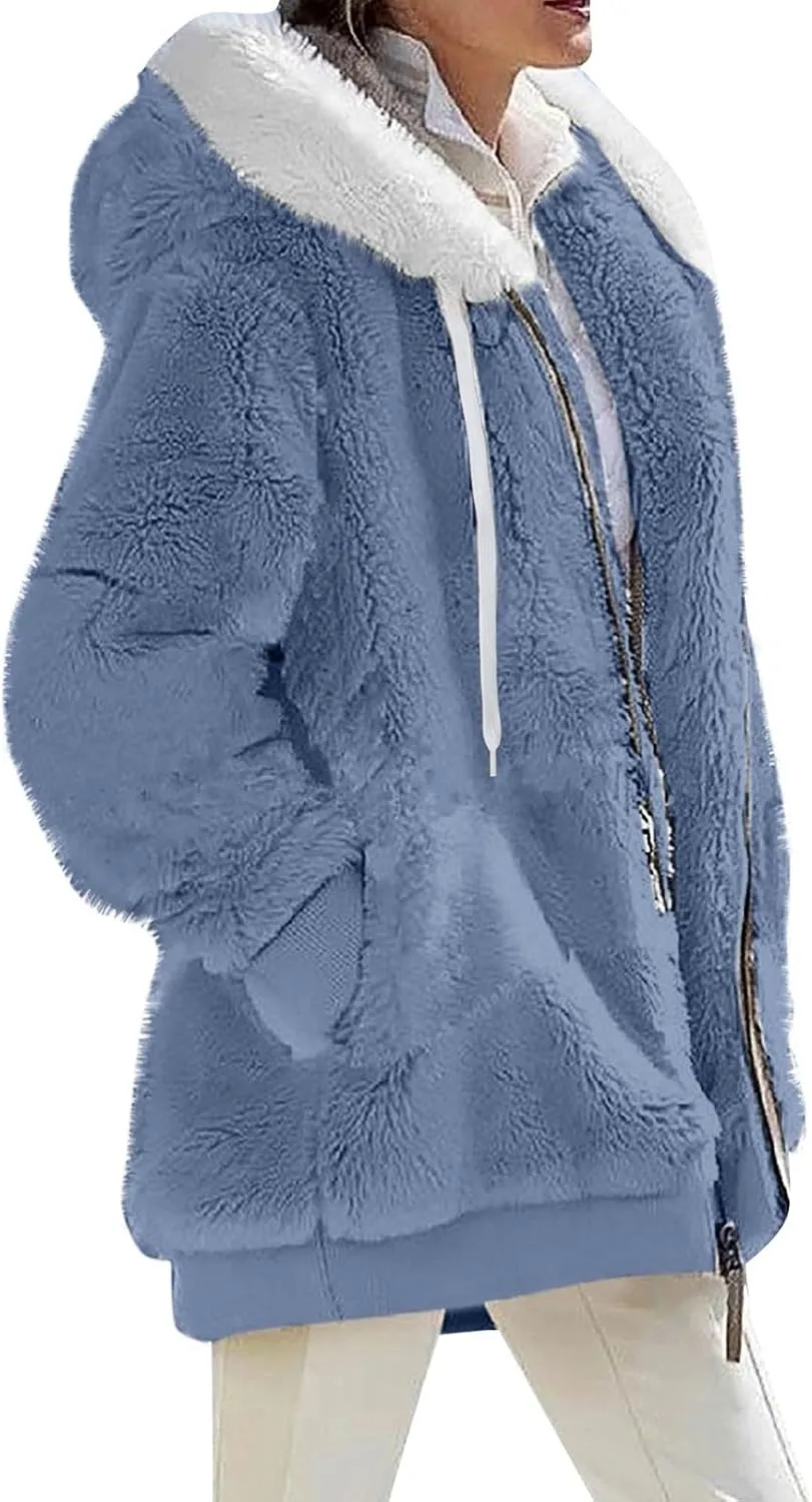 Womens Fleece Jackets Solid Zip Up Coats Long Sleeve Fuzzy Hooded Cardigans Jacket Outerwear With Pockets