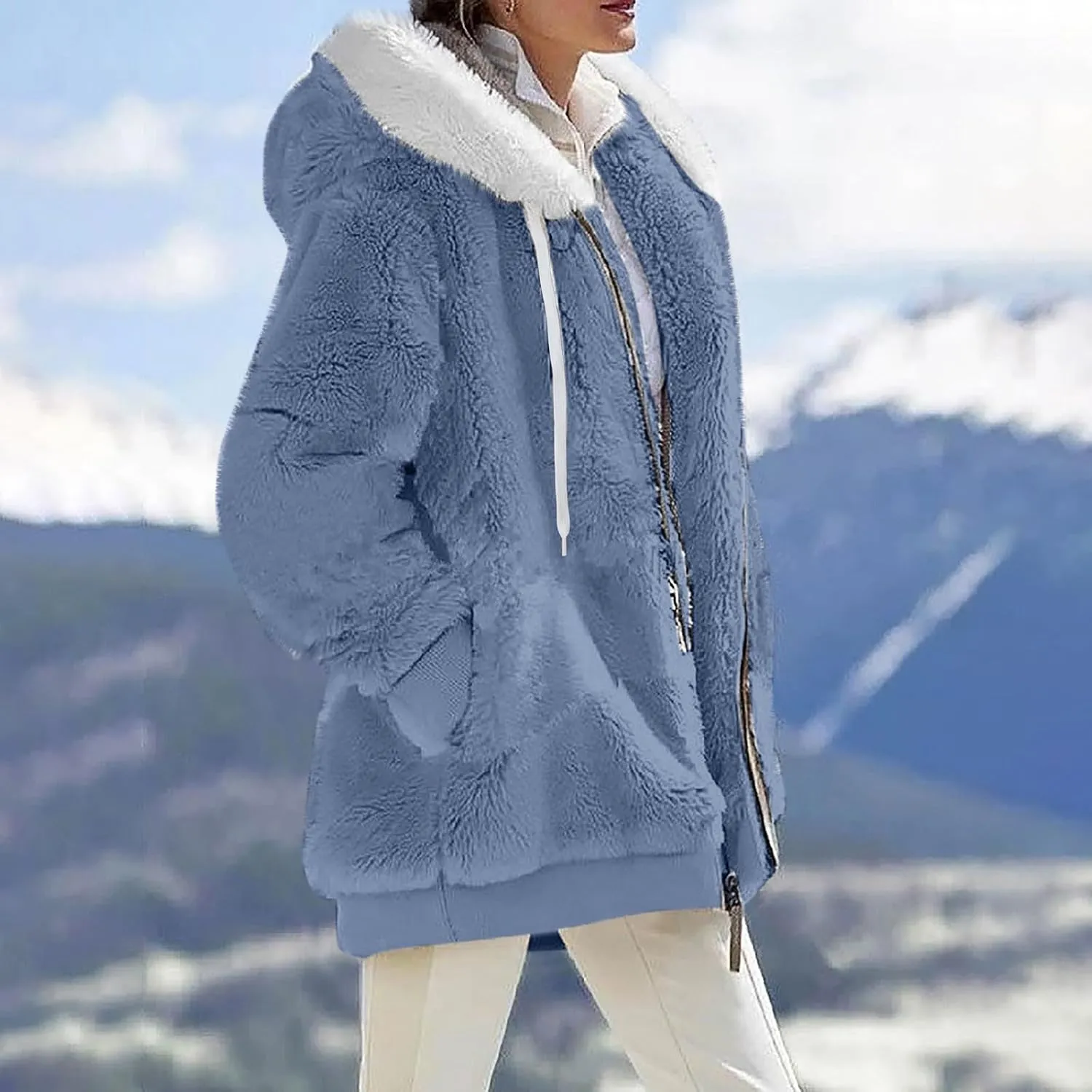 Womens Fleece Jackets Solid Zip Up Coats Long Sleeve Fuzzy Hooded Cardigans Jacket Outerwear With Pockets