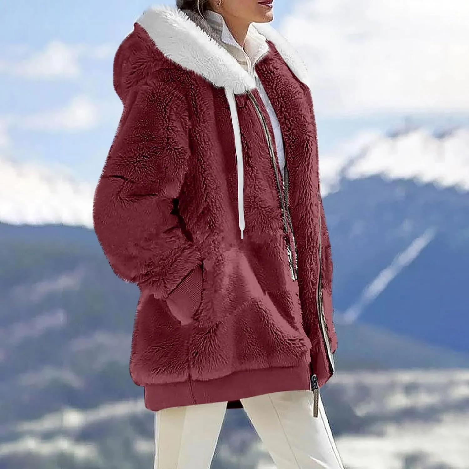 Womens Fleece Jackets Solid Zip Up Coats Long Sleeve Fuzzy Hooded Cardigans Jacket Outerwear With Pockets