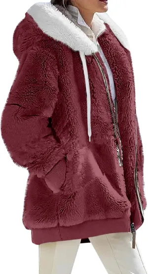 Womens Fleece Jackets Solid Zip Up Coats Long Sleeve Fuzzy Hooded Cardigans Jacket Outerwear With Pockets