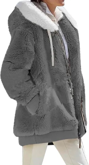 Womens Fleece Jackets Solid Zip Up Coats Long Sleeve Fuzzy Hooded Cardigans Jacket Outerwear With Pockets