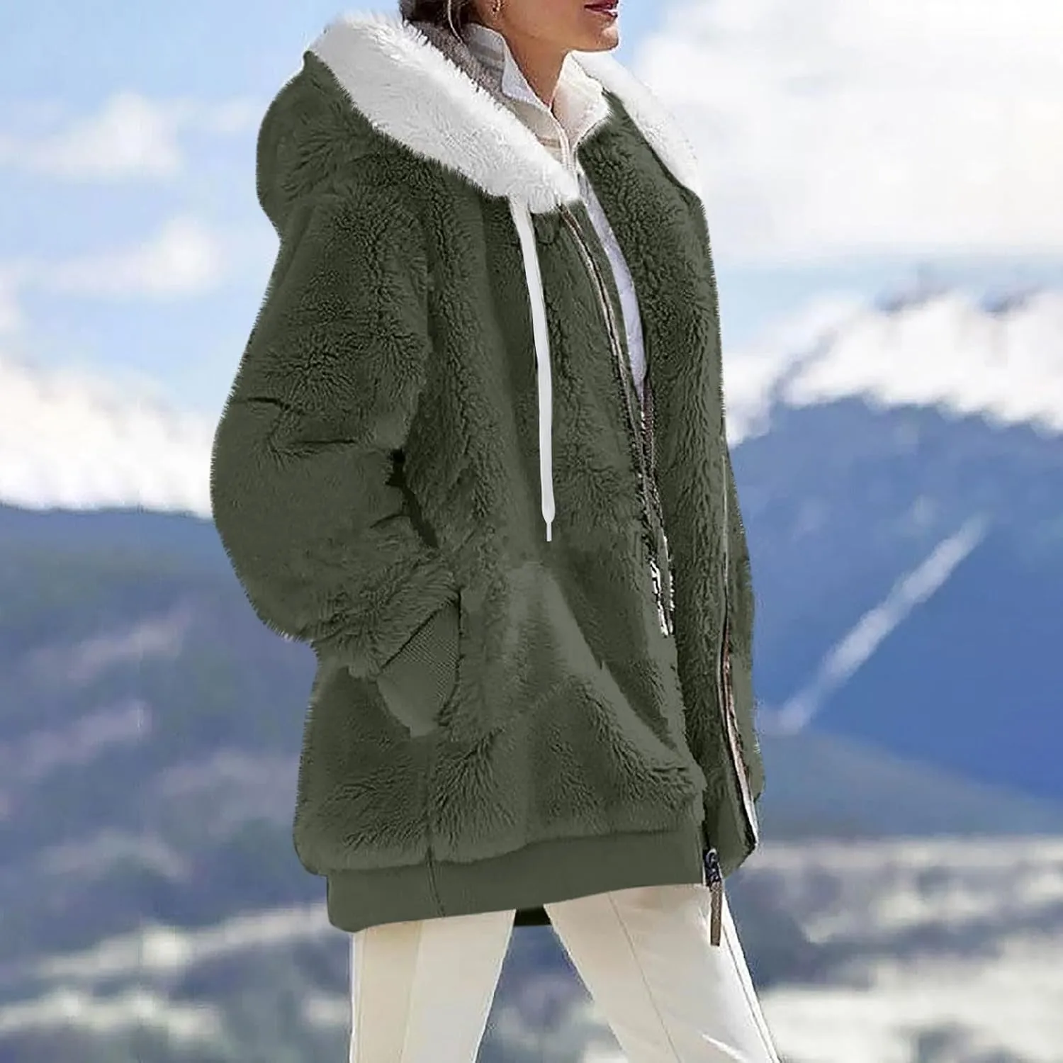 Womens Fleece Jackets Solid Zip Up Coats Long Sleeve Fuzzy Hooded Cardigans Jacket Outerwear With Pockets