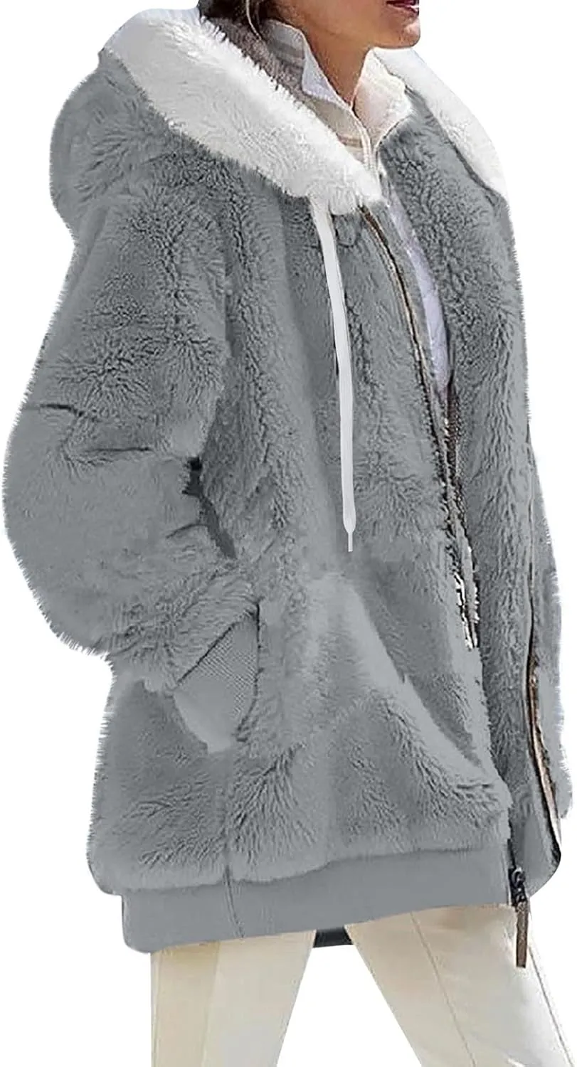 Womens Fleece Jackets Solid Zip Up Coats Long Sleeve Fuzzy Hooded Cardigans Jacket Outerwear With Pockets