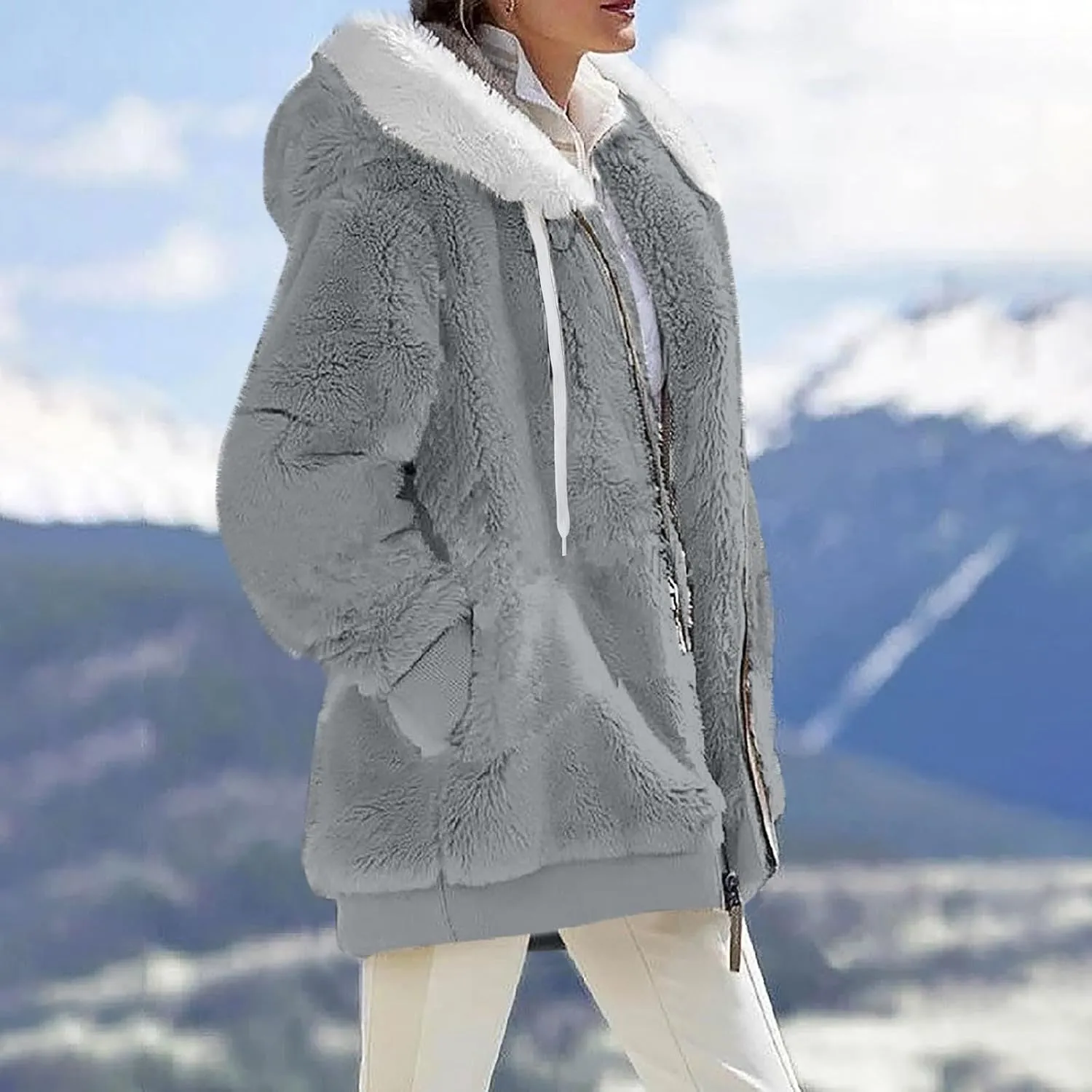 Womens Fleece Jackets Solid Zip Up Coats Long Sleeve Fuzzy Hooded Cardigans Jacket Outerwear With Pockets