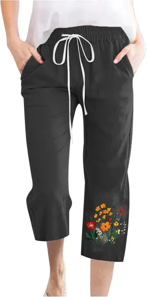 Women's Floral Linen-Style Elastic Drawstring Pants with Pockets - Casual Comfortable Summer Capri Trousers 2025