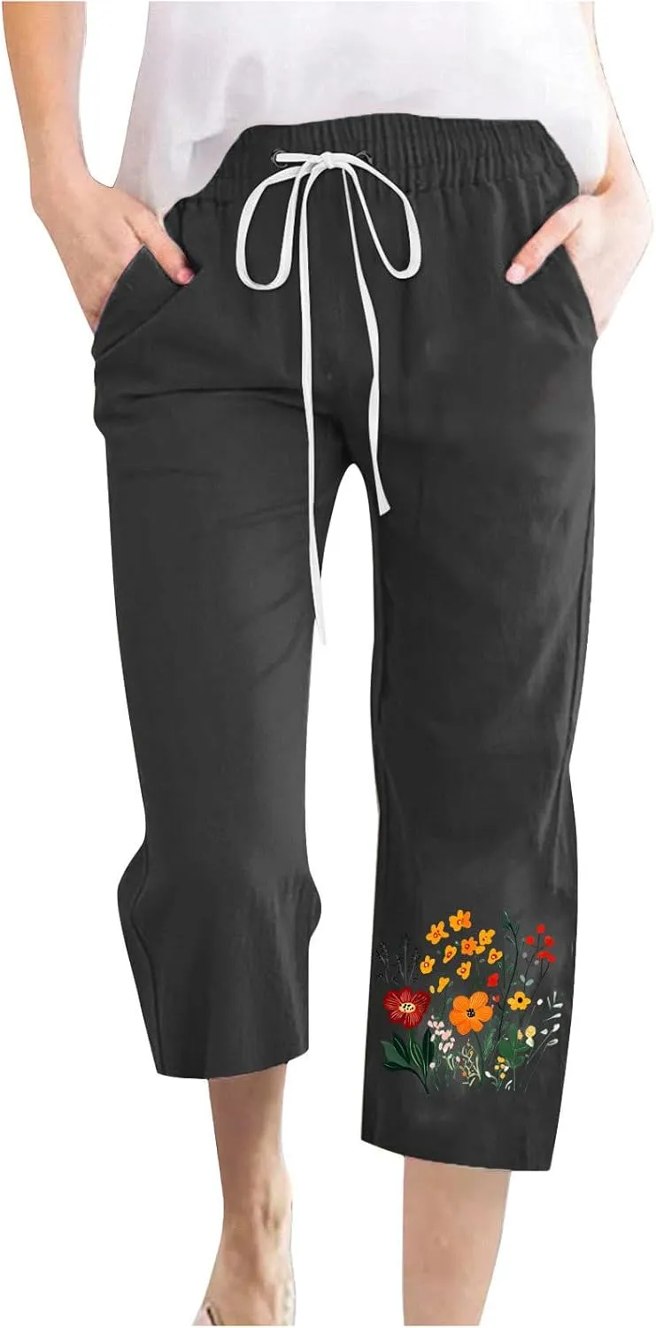 Women's Floral Linen-Style Elastic Drawstring Pants with Pockets - Casual Comfortable Summer Capri Trousers 2025