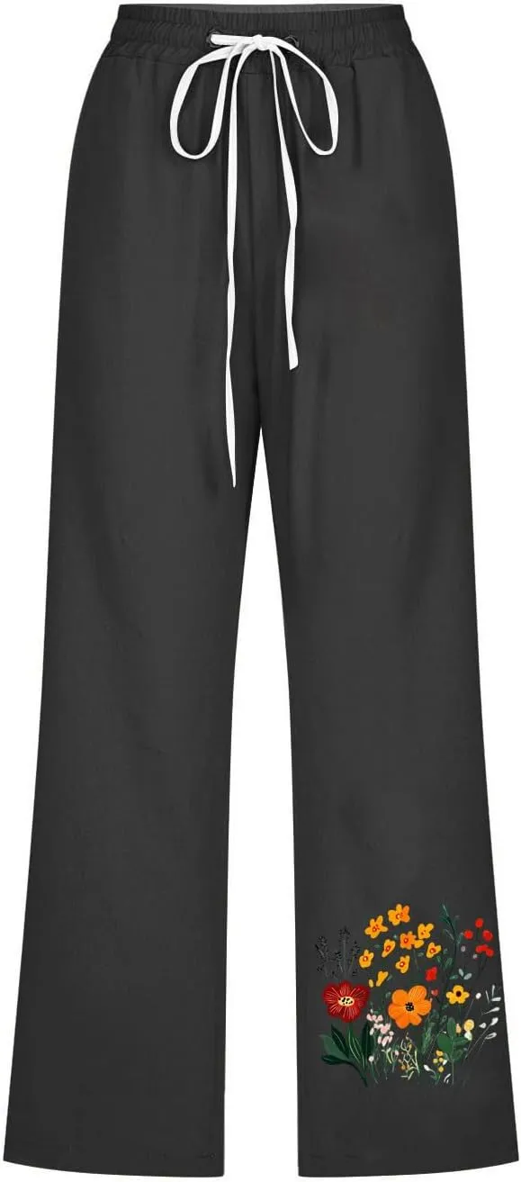 Women's Floral Linen-Style Elastic Drawstring Pants with Pockets - Casual Comfortable Summer Capri Trousers 2025