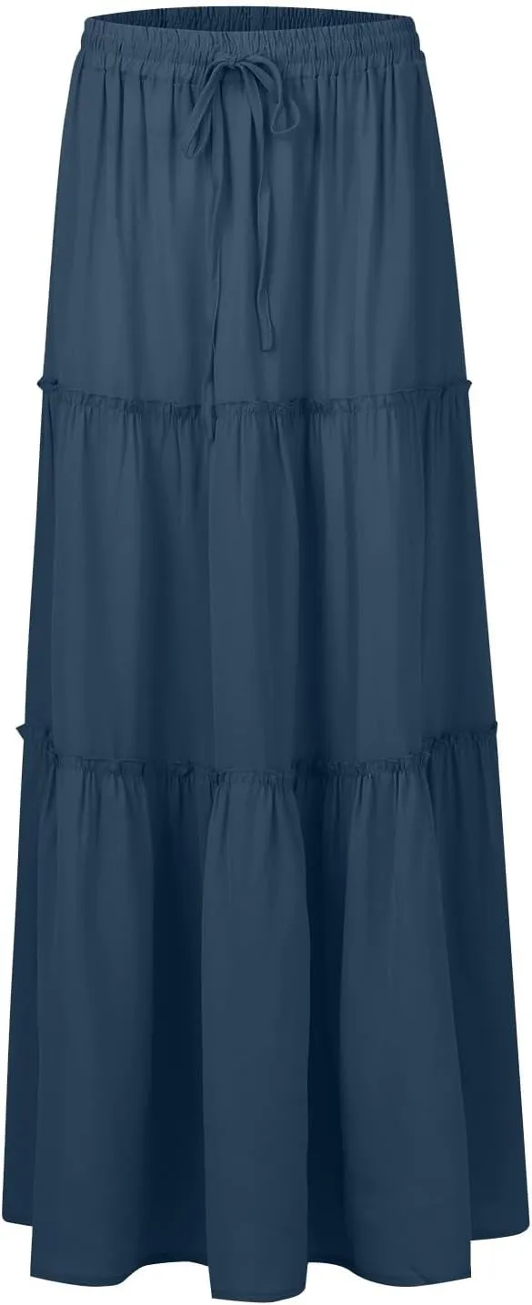 Women's Floral Print Midi Skirts 2025 Summer Aline Elastic High Waist Pleated Flowy Long Skirt Pockets Cute Skirts