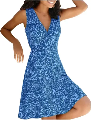 Women's Floral Wrap V Neck Midi Dress A Line Swing Cap Sleeve Midi Dress Multicolour Scoop Neck Mini Dresses