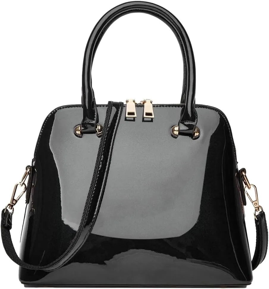 Womens Glossy Vegan Leather Handbag Purse Shell Shape Top Handle Satchel Crossbody Shoulder Bag Ladies Work Tote Bag