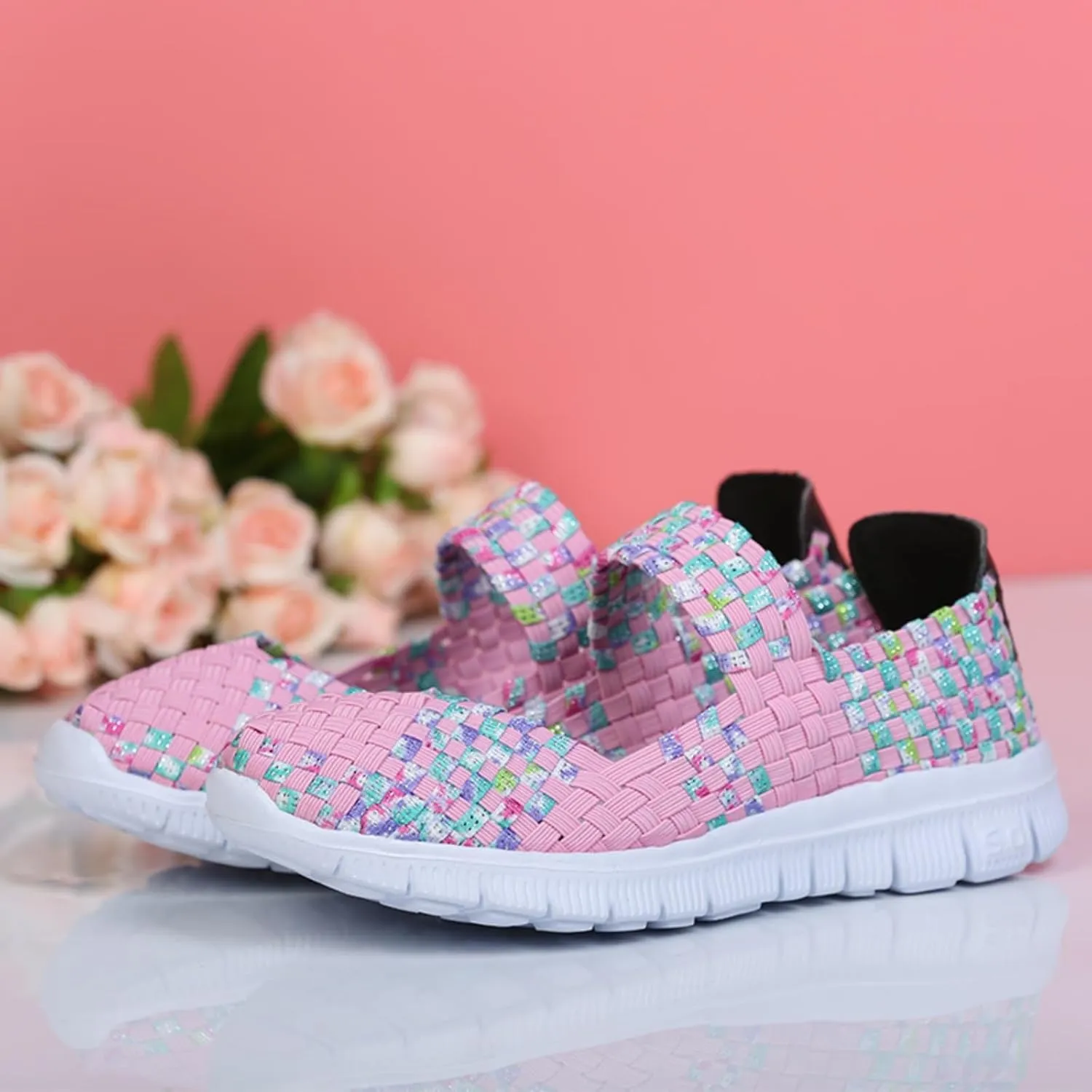 Womens Hand Elastic Woven Walking Flats Sandals Non Slip Mary Jane Shoes Sneakers Casual Fashion Comfortable Slip on Nurse Shoes Lightweight Breathable Platform Wedge Sandals Outdoor Running Loafers