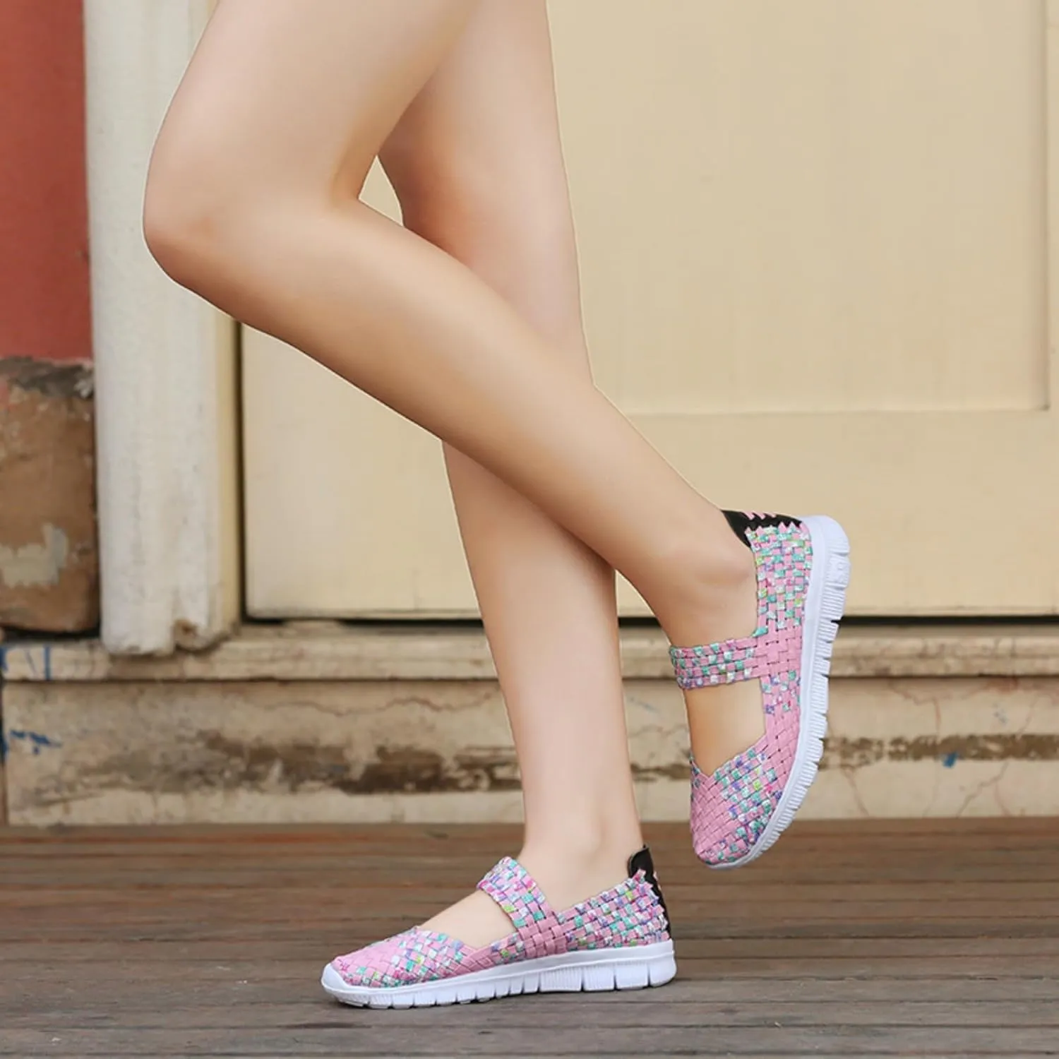 Womens Hand Elastic Woven Walking Flats Sandals Non Slip Mary Jane Shoes Sneakers Casual Fashion Comfortable Slip on Nurse Shoes Lightweight Breathable Platform Wedge Sandals Outdoor Running Loafers
