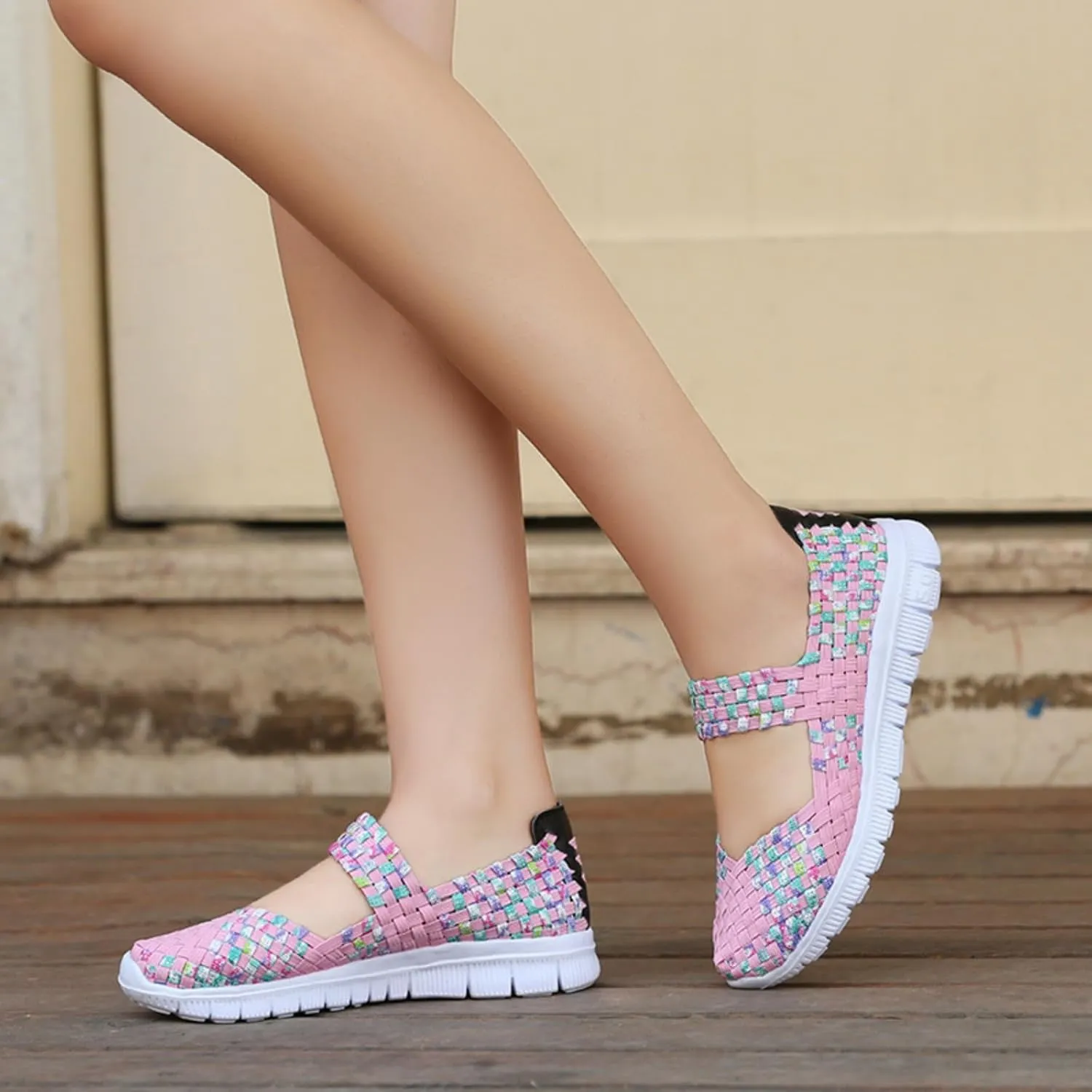 Womens Hand Elastic Woven Walking Flats Sandals Non Slip Mary Jane Shoes Sneakers Casual Fashion Comfortable Slip on Nurse Shoes Lightweight Breathable Platform Wedge Sandals Outdoor Running Loafers