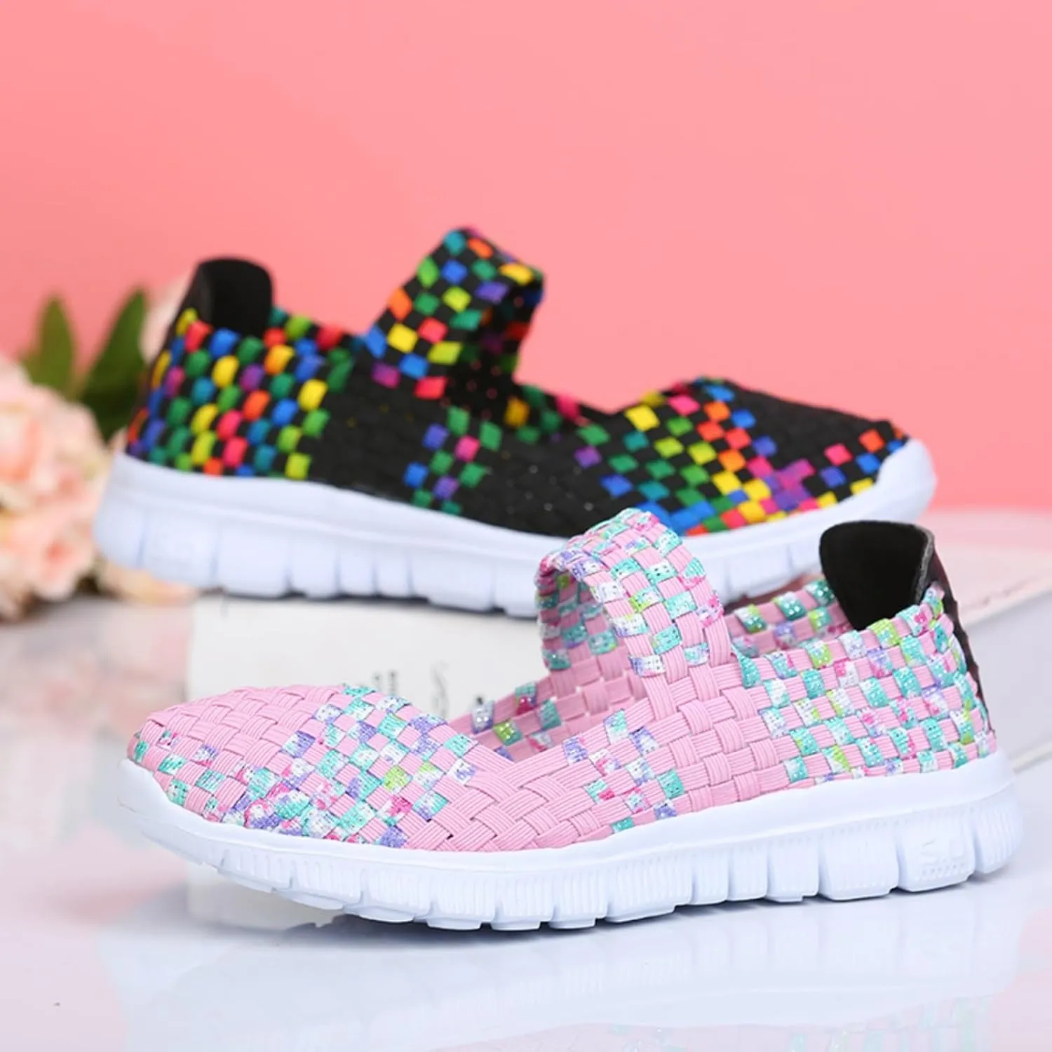 Womens Hand Elastic Woven Walking Flats Sandals Non Slip Mary Jane Shoes Sneakers Casual Fashion Comfortable Slip on Nurse Shoes Lightweight Breathable Platform Wedge Sandals Outdoor Running Loafers