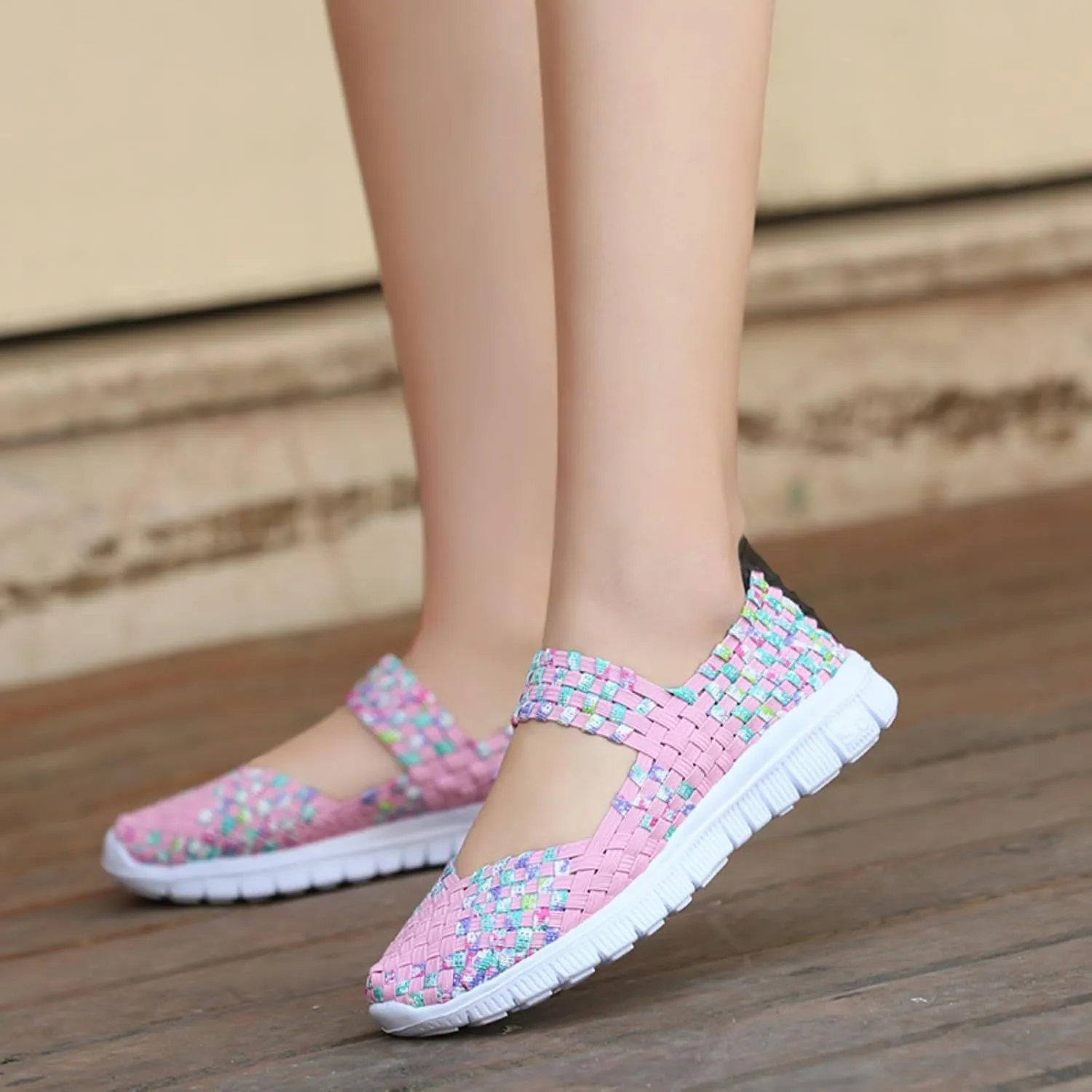 Womens Hand Elastic Woven Walking Flats Sandals Non Slip Mary Jane Shoes Sneakers Casual Fashion Comfortable Slip on Nurse Shoes Lightweight Breathable Platform Wedge Sandals Outdoor Running Loafers