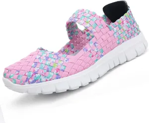 Womens Hand Elastic Woven Walking Flats Sandals Non Slip Mary Jane Shoes Sneakers Casual Fashion Comfortable Slip on Nurse Shoes Lightweight Breathable Platform Wedge Sandals Outdoor Running Loafers